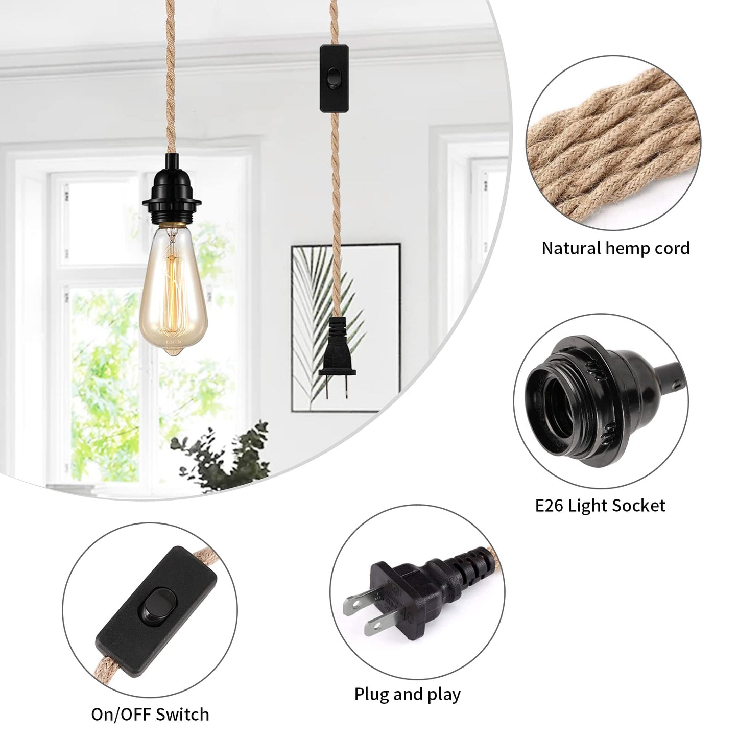 FRIDEKO HOME Industrial Pendant Light Kit, 15ft Twisted Hemp Rope, E26/E27 Socket, Vintage Fabric, Hemp Rope Brown, 1 Pack