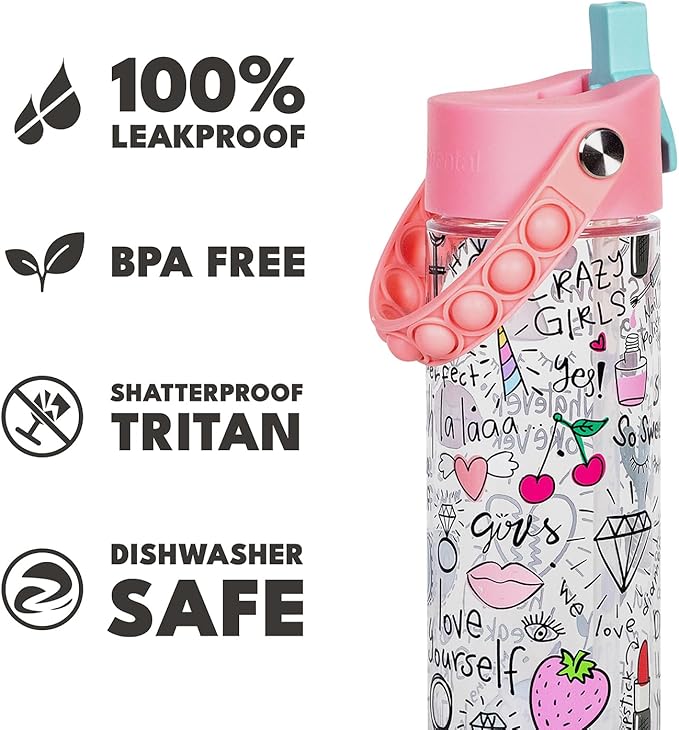 Elemental Splash Water Bottle with Straw - BPA-Free Tritan Plastic Reusable Water Bottle with Pop It Strap - Ideal for Travel, Gym and Sports - Leak Proof when Spout is Closed - 26oz - Girl Power