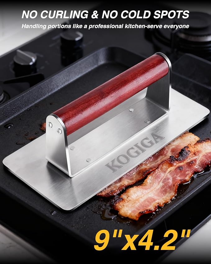 Ultimate Rectangle Griddle Press 1.92LB - 9x4.2 Inch Smash Burger & Bacon Press, Steak Weight & Panini Maker with Beechwood Handle for Versatile Cooking