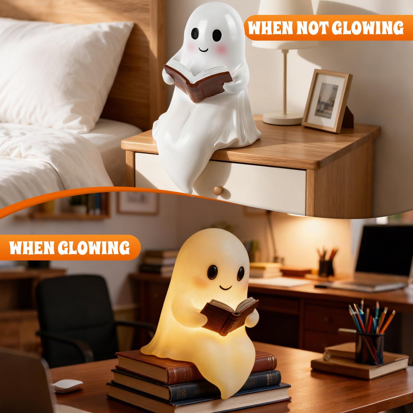 Ghost Reading Book Lamp  7.8In Ghost Night Light  Cute Halloween Ghost Figurines Statue Decor  Funny Night Lamp Statue For Bedrooms  Study Rooms  Living Rooms  Halloween Decorations Gifts (Big)
