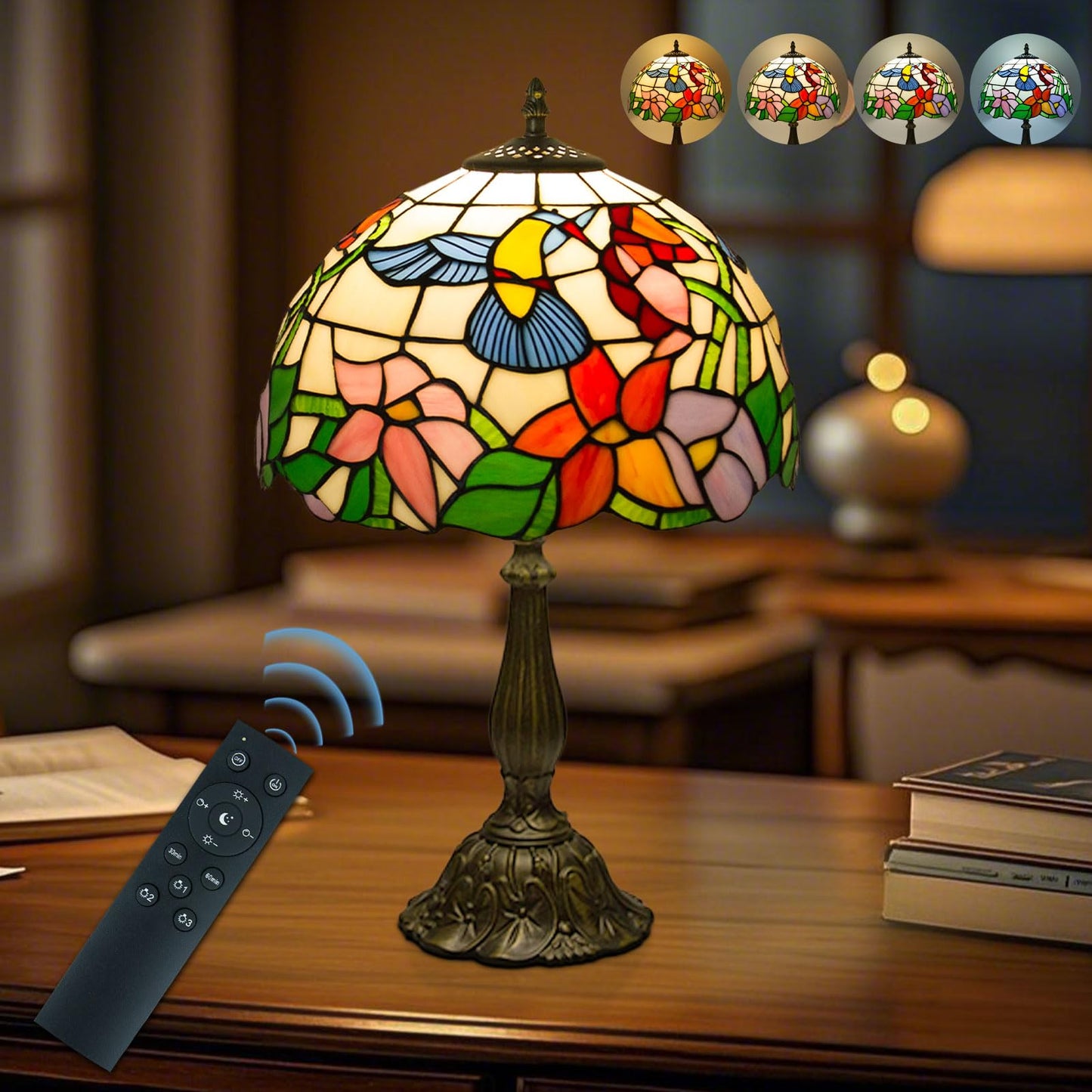 Crefotu 12 Inch Tiffany Table Lamp, Stained Glass, Remote Control, Dimmable Brightness, Hummingbird, Model CFLP-0003