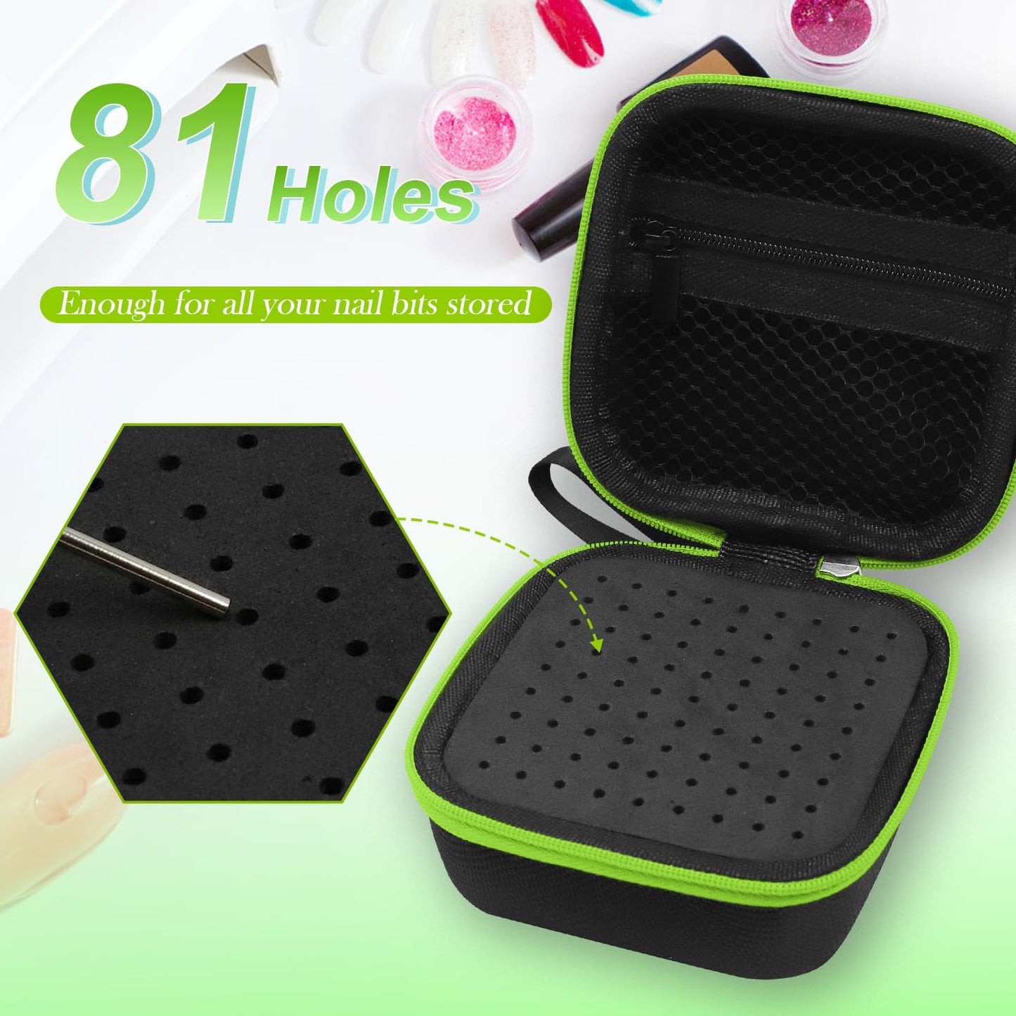 Thowapou 81 Holes Nail Drill Bit Holder, Nail Bits Display Organizer Container, Waterproof Portable Organizer Bag, Efile Nail Bi