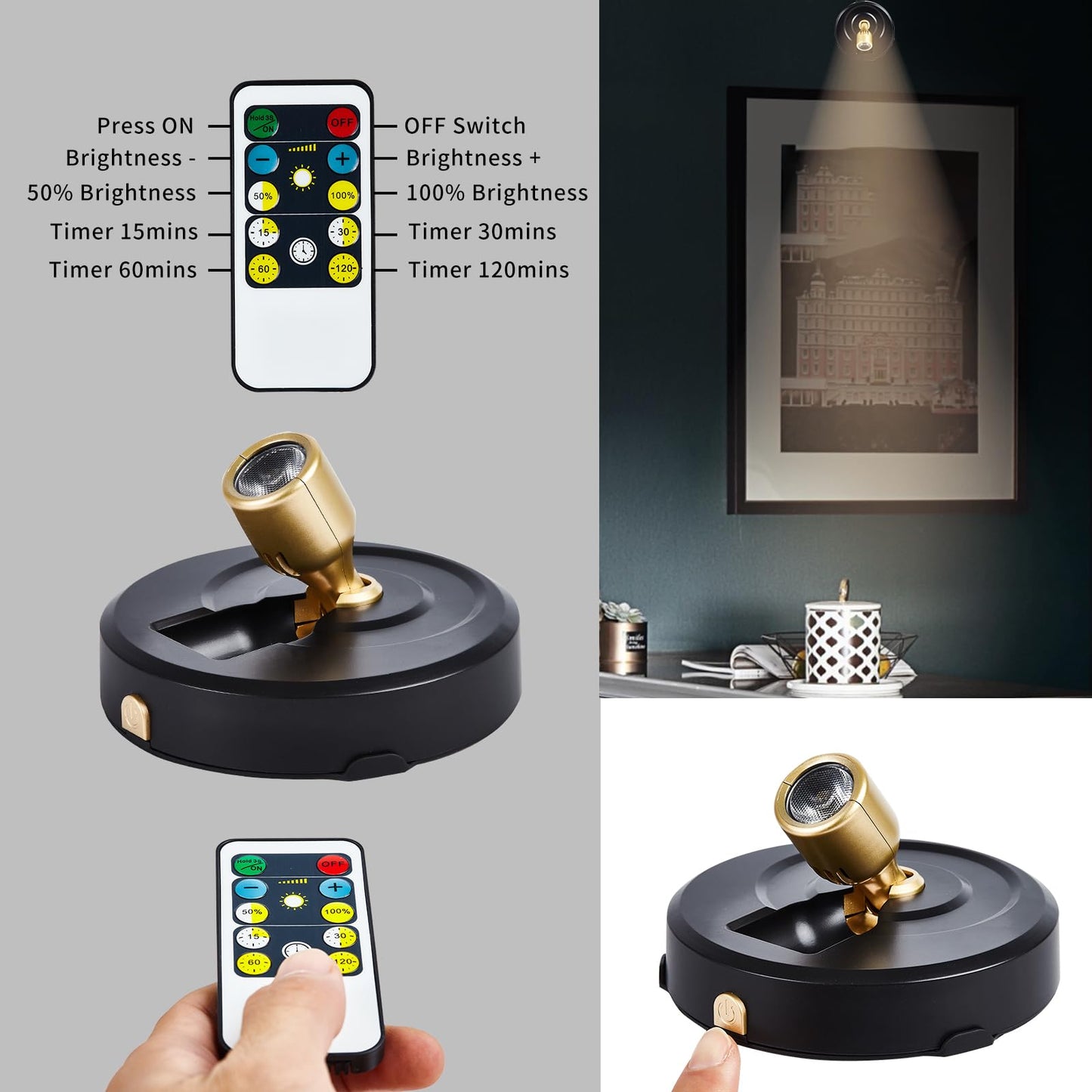 HOFUY Wireless LED Spot Light, Rechargeable Indoor Accent Light, Dimmable Mini Spotlight, Model USB-XSpot-BY, Color Rechargeable White-S