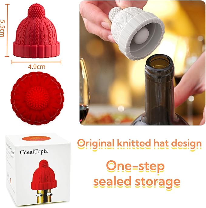 Silicone Wine Bottle Stopper, Reusable Wine Saver to Keep Wine Sealed/Fresh, Fun Wine Stoppers with Knitted Hat Design, Great Choices for Wine Lovers - Standard Bottles Are Applicable(Grey)