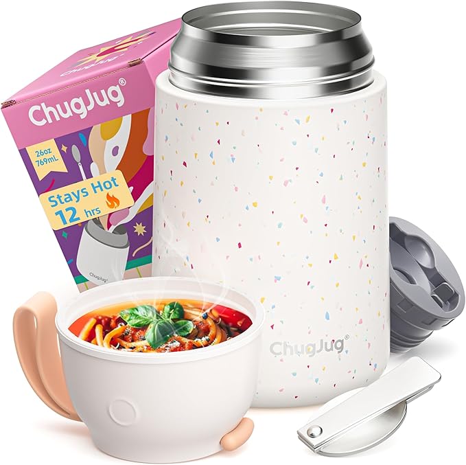 Thermo for Hot Food for Adults Kids | Wide Mouth, 26 oz Insulated Food Jar with Spoon, Leakproof Soup Thermo for School Office Travel, Thermal Steel Lunch Container Easy to Carry (White)