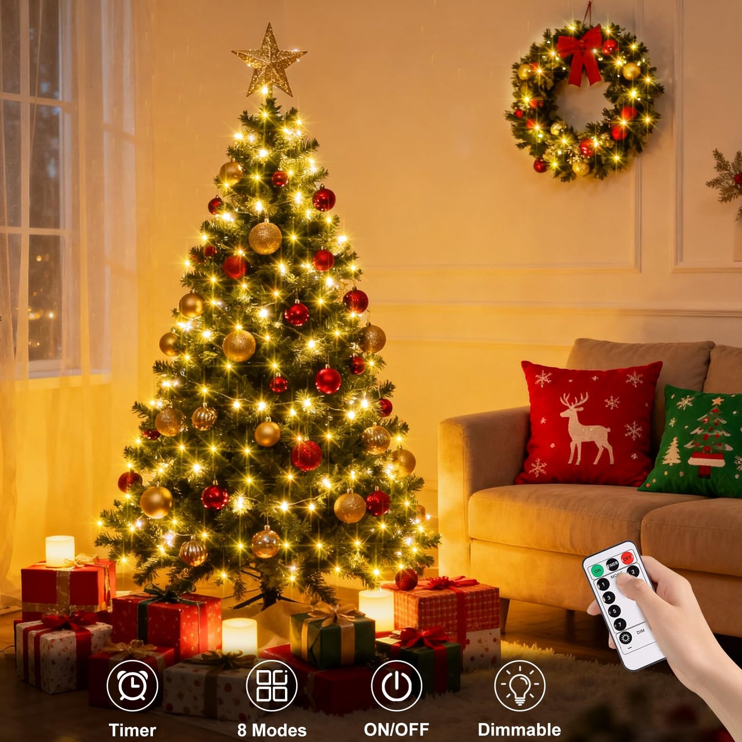 Echosari String Lights 33Ft 100 Led Warm White Fairy Lights With Remote, Dimmable Timer, 8 Modes For Outdoor Wedding Party Garden Decor