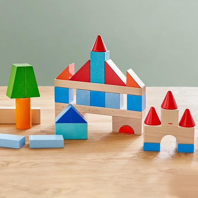 HABA Colored Wooden Building Blocks - 46 Piece Set of Wooden Toys, Stacking Toys for Toddlers 1-3 for Open Ended STEM Play, Made in Germany