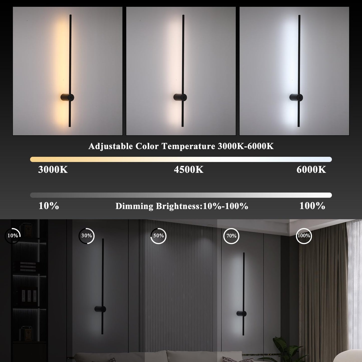 Battery Operated Wall Sconces Set Of Two With Remote Control; 40 Inch Rechargeable Wireless Dimmable Wall Lights; Black Cordless Wall Sconce For Living Room Hallway Bedroom 2 Pack