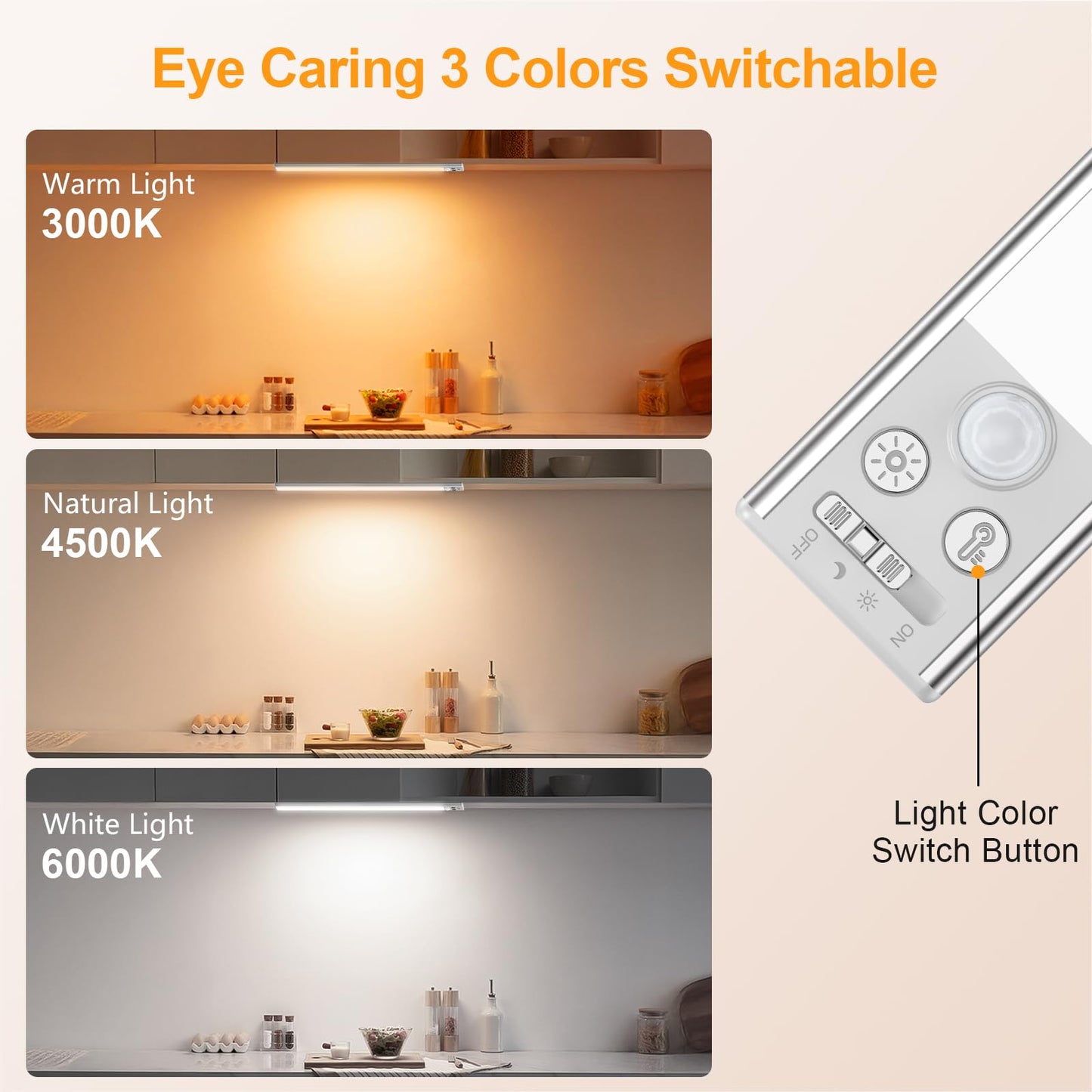 Gritin Under Cabinet Lighting - 128 LED, 3-Color, 5 Brightness Levels, Motion Sensor, 14.7 inch, Silver, 2 Pack, Model G1358