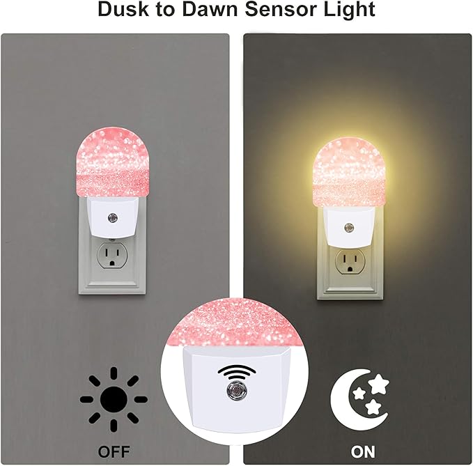 Pink Gold Glitter Night Light, Rose Pink Sparkle Shine Dusk to Dawn Night Light Plug in,0.5w Energy Saving Sleep Friendly NightLight for Kids Boys Girls Home Decor