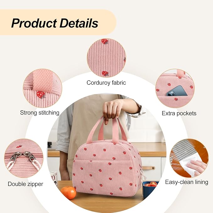 Lunch Box for Women,Cute Corduroy Lunch Tote Bag,Reusable Insulated Lunch Box,Large Capacity Cooler Bag with Compartments for Work, Picnics or Travelling
