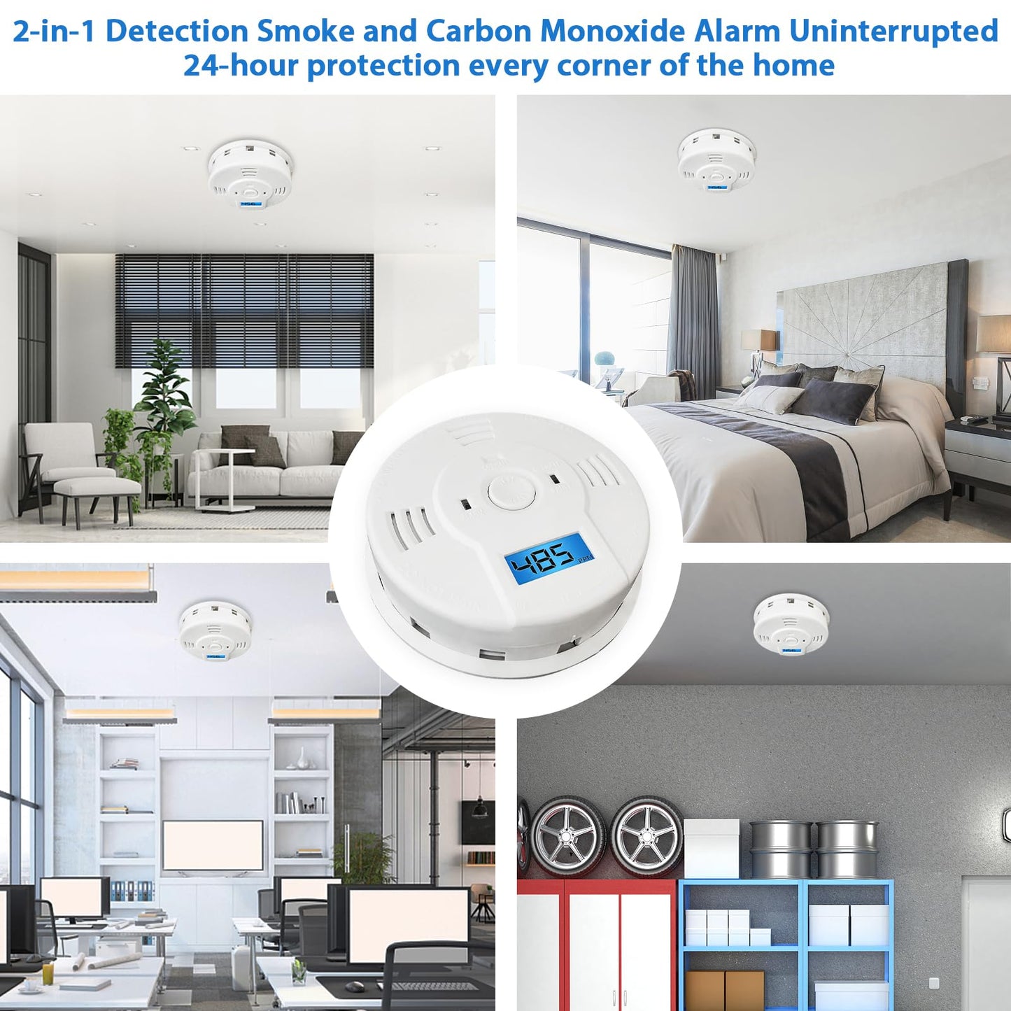 Shackcom Combination Smoke and Carbon Monoxide Detector, 5-Year Battery Smoke Alarm with LCD Display for Home, 1 Pack, White