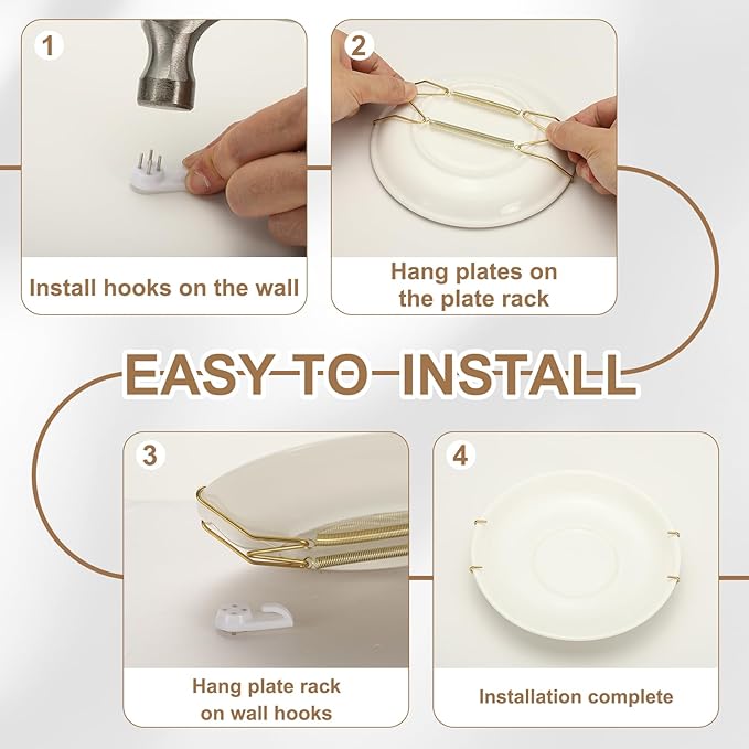 uxcell 4pcs Plate Hanger, 8 Inches Universal Stainless Steel Invisible Plate Hangers for The Wall W-Shaped Holder with Traceless Nail for Decorations, Golden