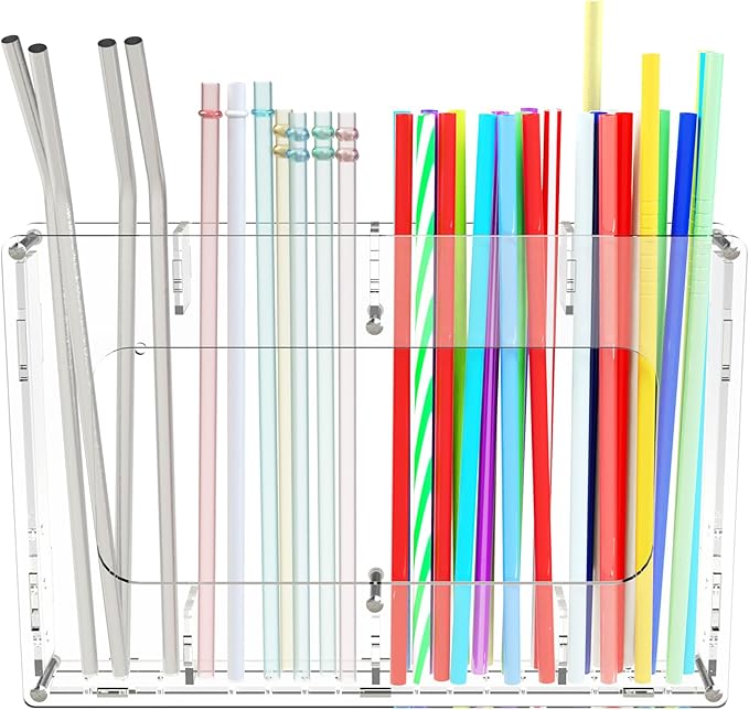 Acrylic Straw Holder for Cabinet, Reusable Straw Organizer with Double Sided Adhesive Tape Tumbler Straws Storage Container for Cupboard Drinking Straws Dispenser for Kitchen Counter (Transparent, A3)