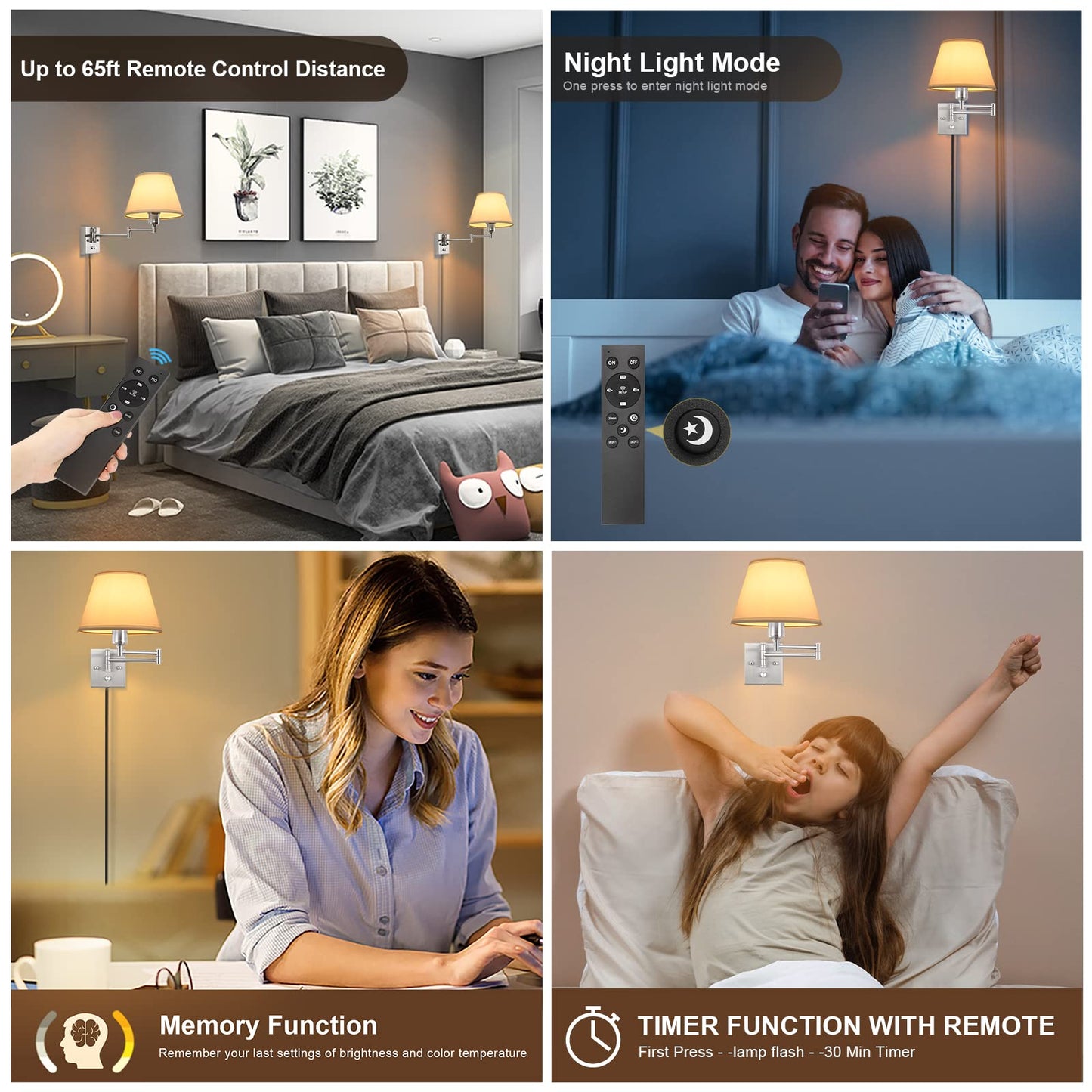 TRLIFE Wall Sconces Plug-in, Remote Control, Dimmable, 9.4in Medium White Fabric Shade, Model BYsconce-M-ReWhi, 2 Pack