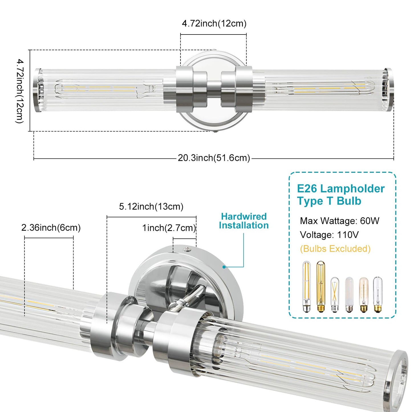 Vaziden Bathroom Light Fixtures  Chrome Wall Sconce In Threaded Glass Indoor Vanity Lights  Modern Bathroom Vanity Light Up And Down Sconces Wall Lighting For Bathroom  Living Room - Bulb Not Included
