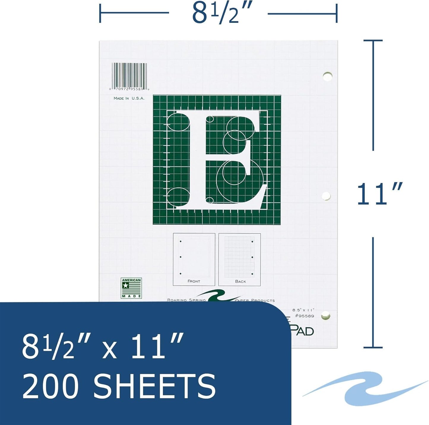 ROARING SPRING Engineering Pad, Frame Front 1/2" Right Margin, 8.5" x 11", 200 Sheets, Green Paper, Pack of 12