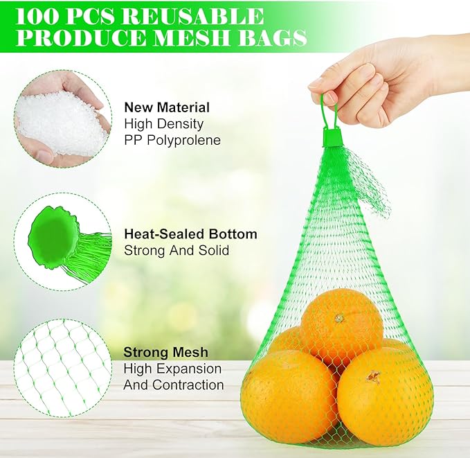 100 Pcs Reusable Mesh Produce Bags, 20 Inch Seafood Boil Bags for Crab with 100 Loop Closures, Onion Potato Storage Net Bag for Vegetables Fruits Seafood