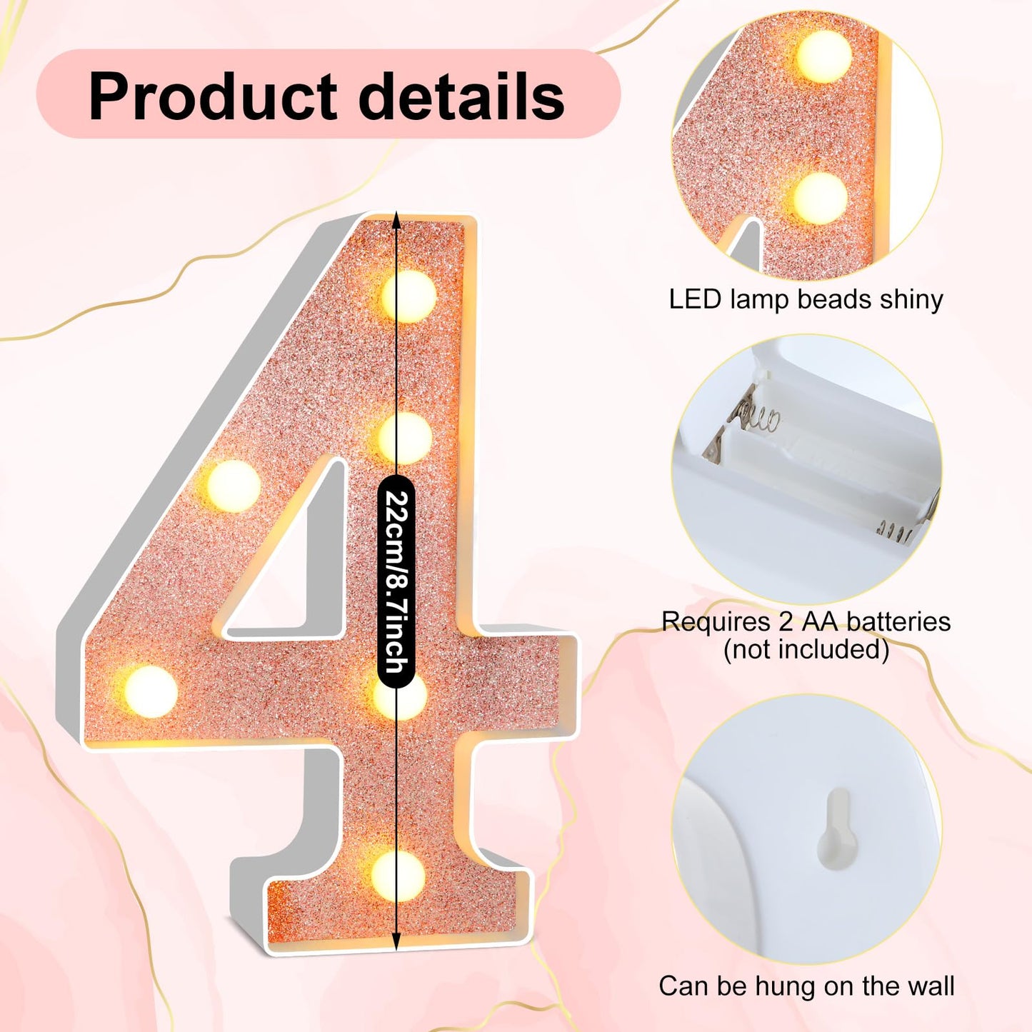 Treela 8.7 Birthday Decorative Led Light Up Numbers  Glitter Marquee Number Sign For Night Birthday Party Decorations Anniversary Bar Led Sign Backdrop Wall Table Centerpieces(40Th Rose Gold)