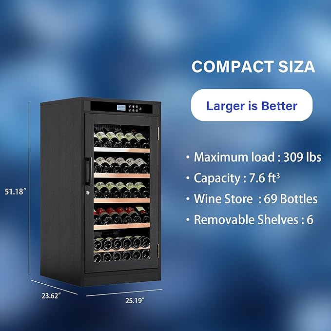 69 Bottles Grape Wine Refrigerator, Freestanding/Built-in Wine Fridge, LED Touch Screen, Intelligent Temperature-Controlled, 7.6 cu.ft. Multi-Tiered Cabinet 6 Removable Shelves, Black
