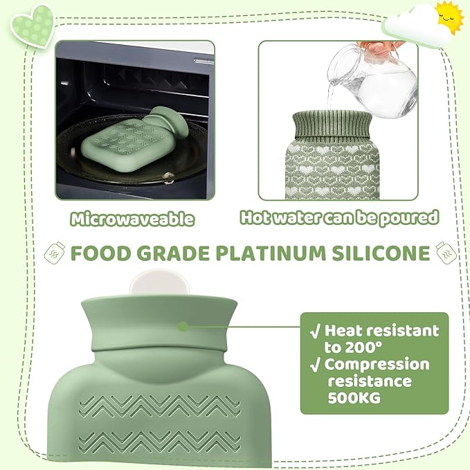 Amylove Mini Hot Water Bottle 320ml for Hot & Cold Compress with Cover Silicone Microwave Heating Small Water Bag for Travel Pain Relief Holiday Gifts(Sage Green)