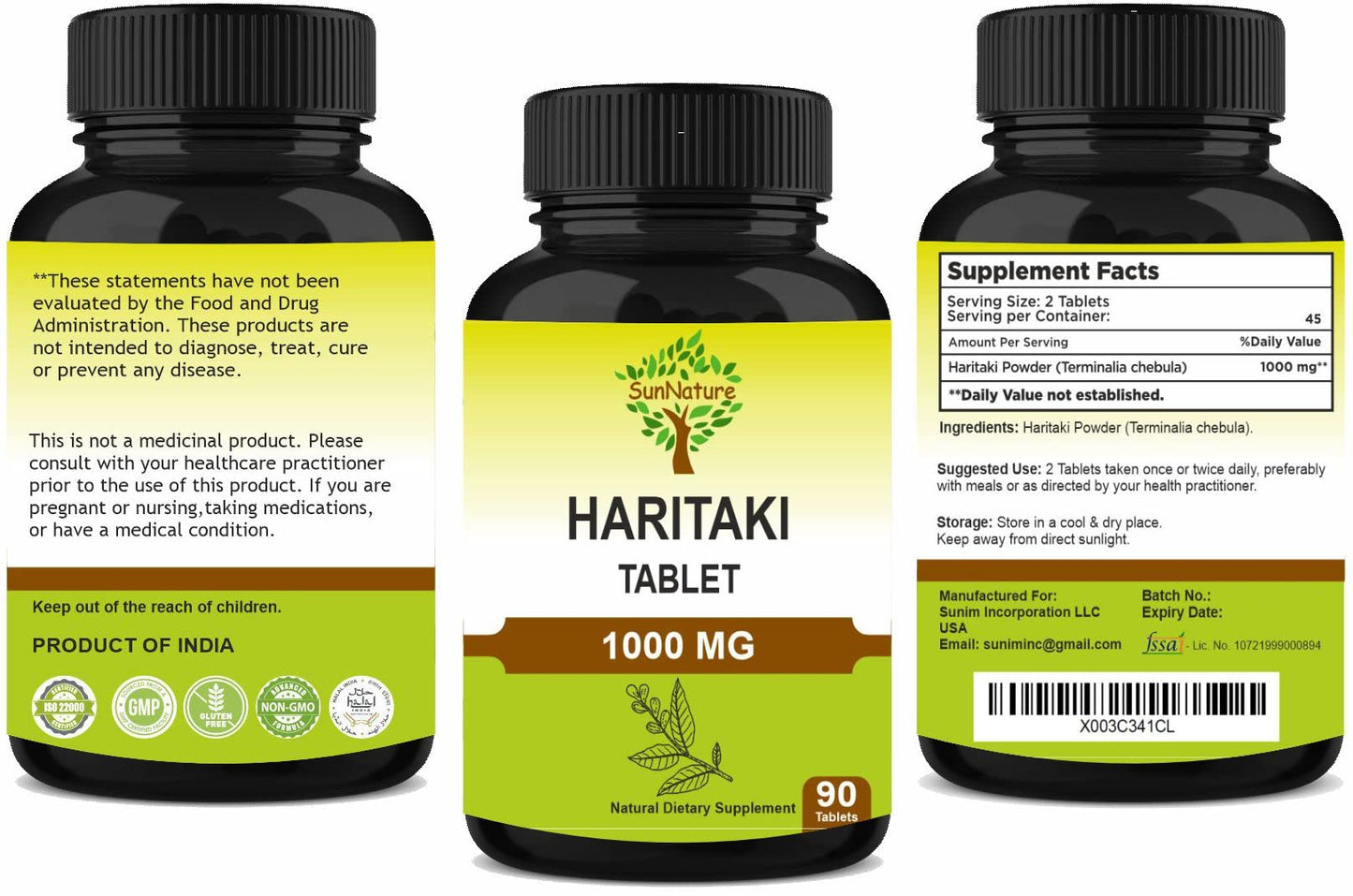 SunNature Haritaki Tablets 90 Tablets, 1000 mg| 45 Days Supply | Terminalia chebula | Vegan| from India