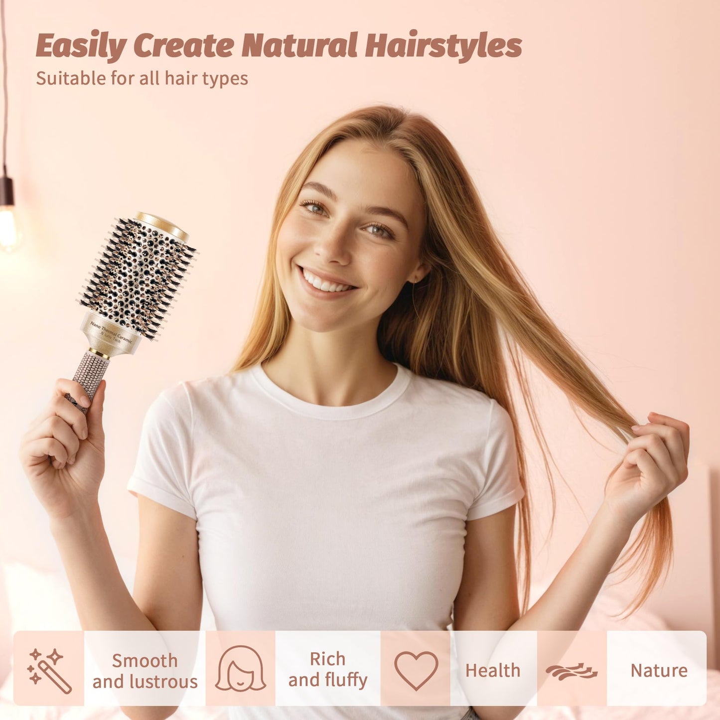 STYLEMATE Round Brush for Blow Out, Nano Thermal Ceramic & Ionic Tech, 2.1 Inch Barrel, Boar Bristles, Roller Brush for Blow Dry