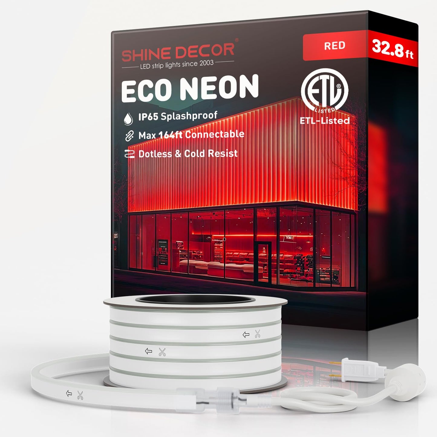 Shine Decor LED Neon Rope Lights, 32.8FT Red, Flexible PVC, Outdoor Waterproof, 120 LEDs/M, Plug & Play