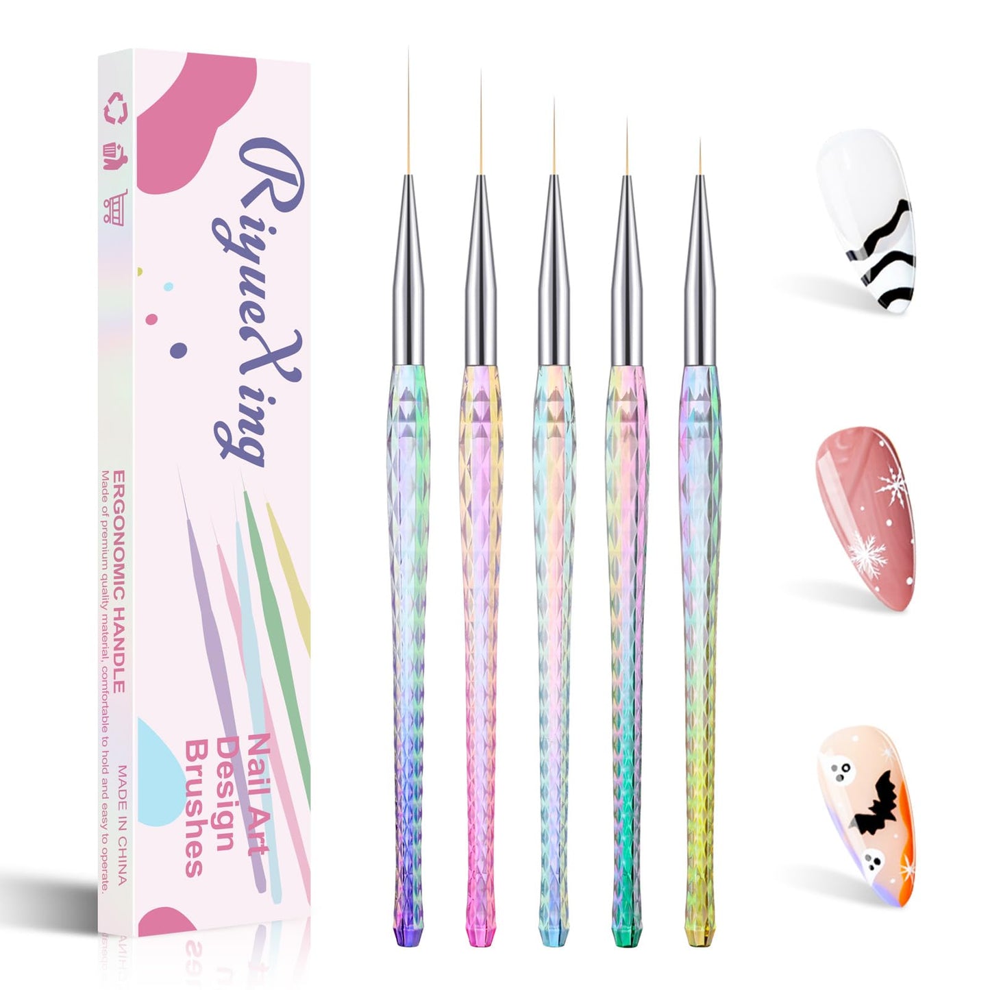 5PCS Nail Art Liner Brushes - Liner Brush For Nail Gel Fine Drawing,Thin Liner Nail Brush Set Size 7/11/15/20/25mm Striper Brush