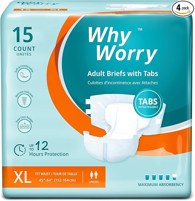 WhyWorry Adult Diapers with Tabs, Disposable Incontinence Briefs for Women & Men with Maximum Absorbency, Adult Briefs for Incontinence Overnight, Odor Control, Unisex, XLarge, 60 Count (4 Pack of 15)