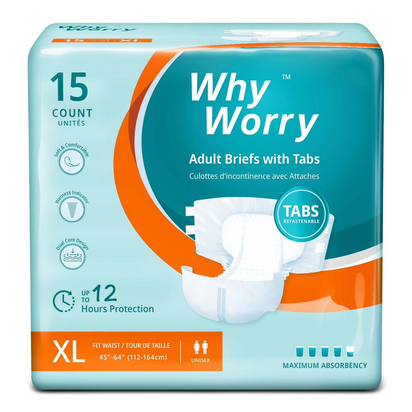 WhyWorry Adult Diapers with Tabs, Disposable Incontinence Briefs for Women & Men with Maximum Absorbency, Adult Briefs for Incontinence Overnight, Odor Control, Unisex, XLarge, 15 Count
