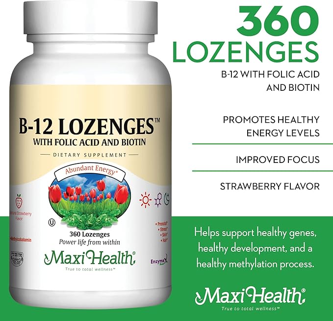 Maxi Health Vitamin B12 Lozenges with Folic Acid and Biotin - Sublingual B12 Vitamins Strawberry Flavor - Vegetarian Kosher B 12 Vitamin for Red Blood Cell Production and Energy (360 Count)