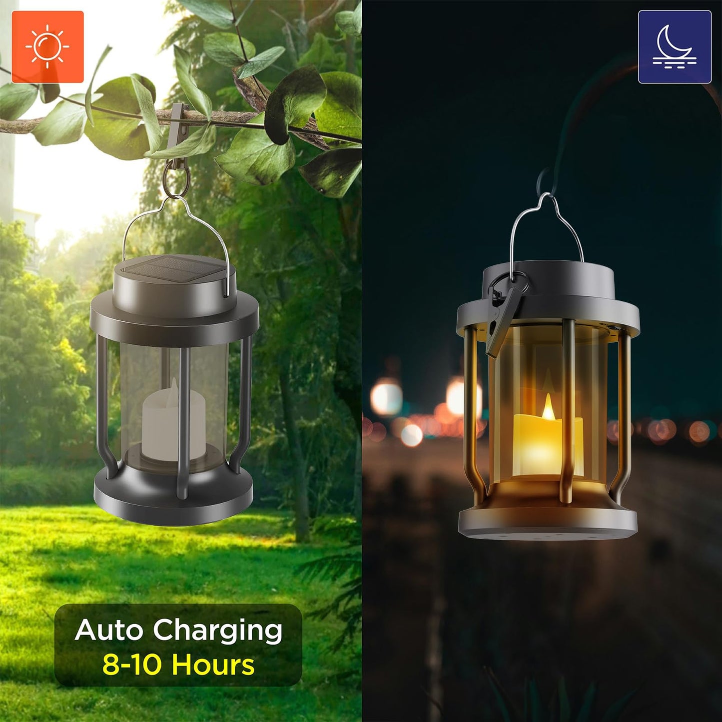 FriutShine Solar Lantern ·Flameless Candle, Weatherproof, 2 Pack, Black + Gray, Model L01