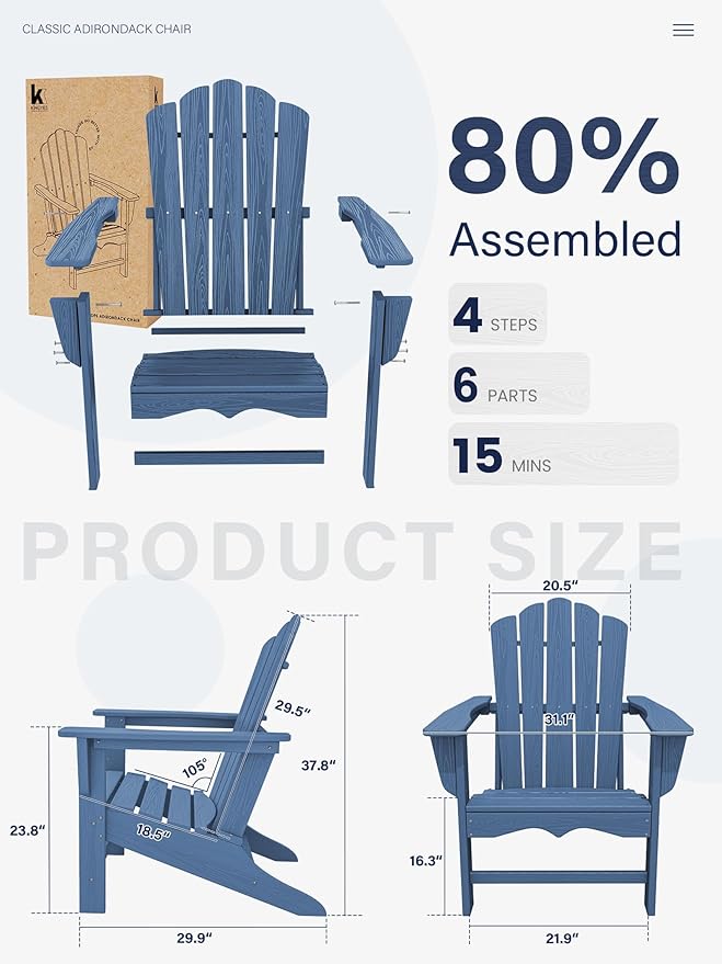 KINGYES HDPE Adirondack Chair, Classic All-Weather Adirondack Chairs Set of 2, Outdoor Patio Adirondack Chair for Deck Lawn fire Pit, Navy