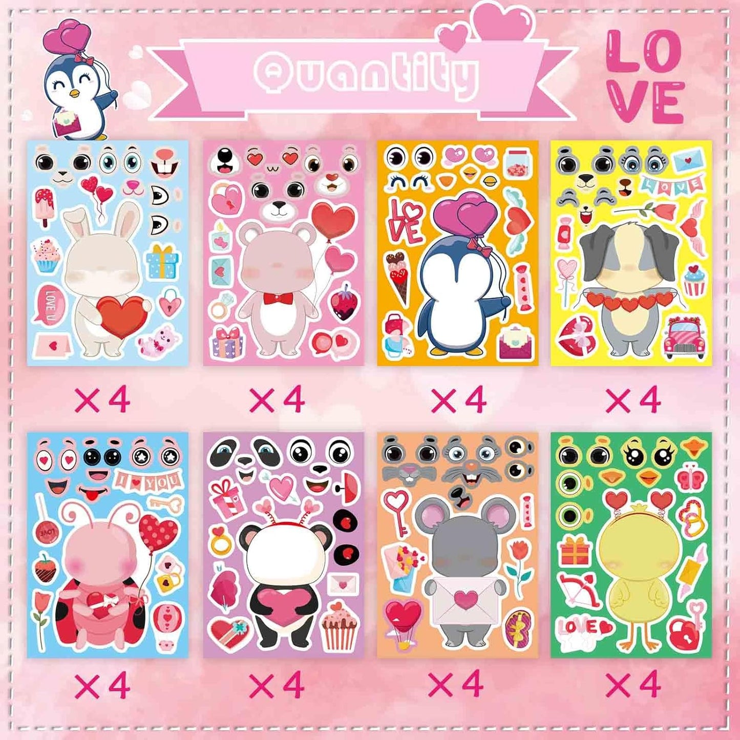 32 Sheets Valentine Stickers for Kids, Valentines Crafts Heart Love Sticker Make a Face Stickers, Make Your Own Animal Stickers Valentines Gifts for Kids Classroom Valentine Goodie Bags Party Favors