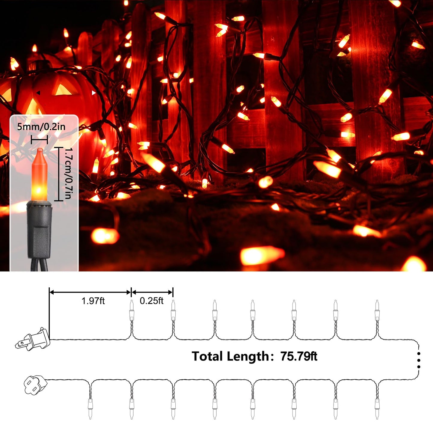 Toodour 300 Count Orange Halloween String Lights, 77Ft Incandescent Mini Bulbs, Ul Certified For Indoor/Outdoor Decor, Black Wire