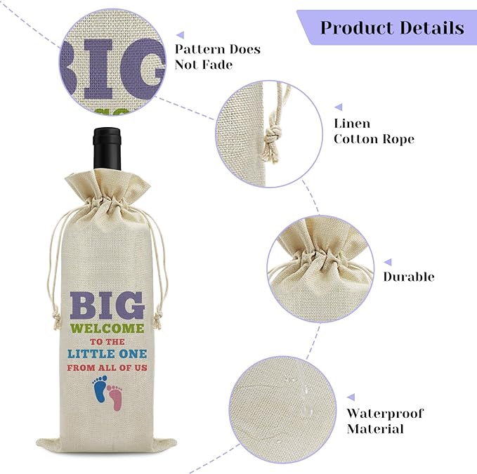 Welcome Baby Wine Bag New Baby Birth Gift for Friends Sister Baby Announcement Gift for Mom Dad Baby Girl Baby Boy Gift Drawstring Wine Wrapping Bag Baby Shower Decors Reusable Burlap Wine Gift Bag
