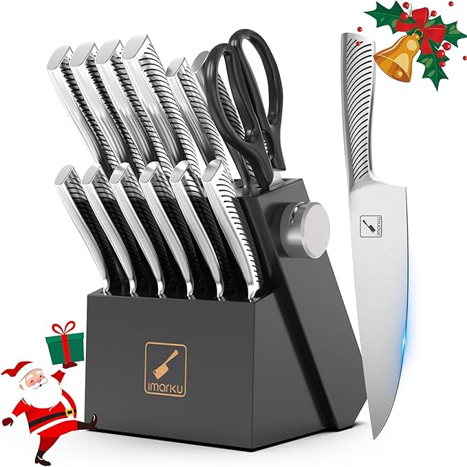 imarku Knife Block Set, 14Pcs High Carbon Stainless Steel Knife Set with Block, Kitchen Knife Set Black, Dishwasher Safe, Build-in Sharpener