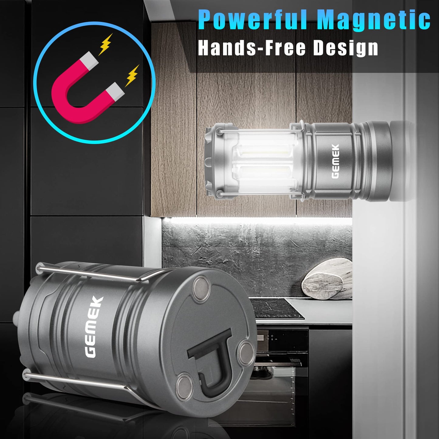 Gemek Led Camping Lantern - Portable Battery Powered, Magnetic Base, Collapsible Hook, Gray, Model Gd0131