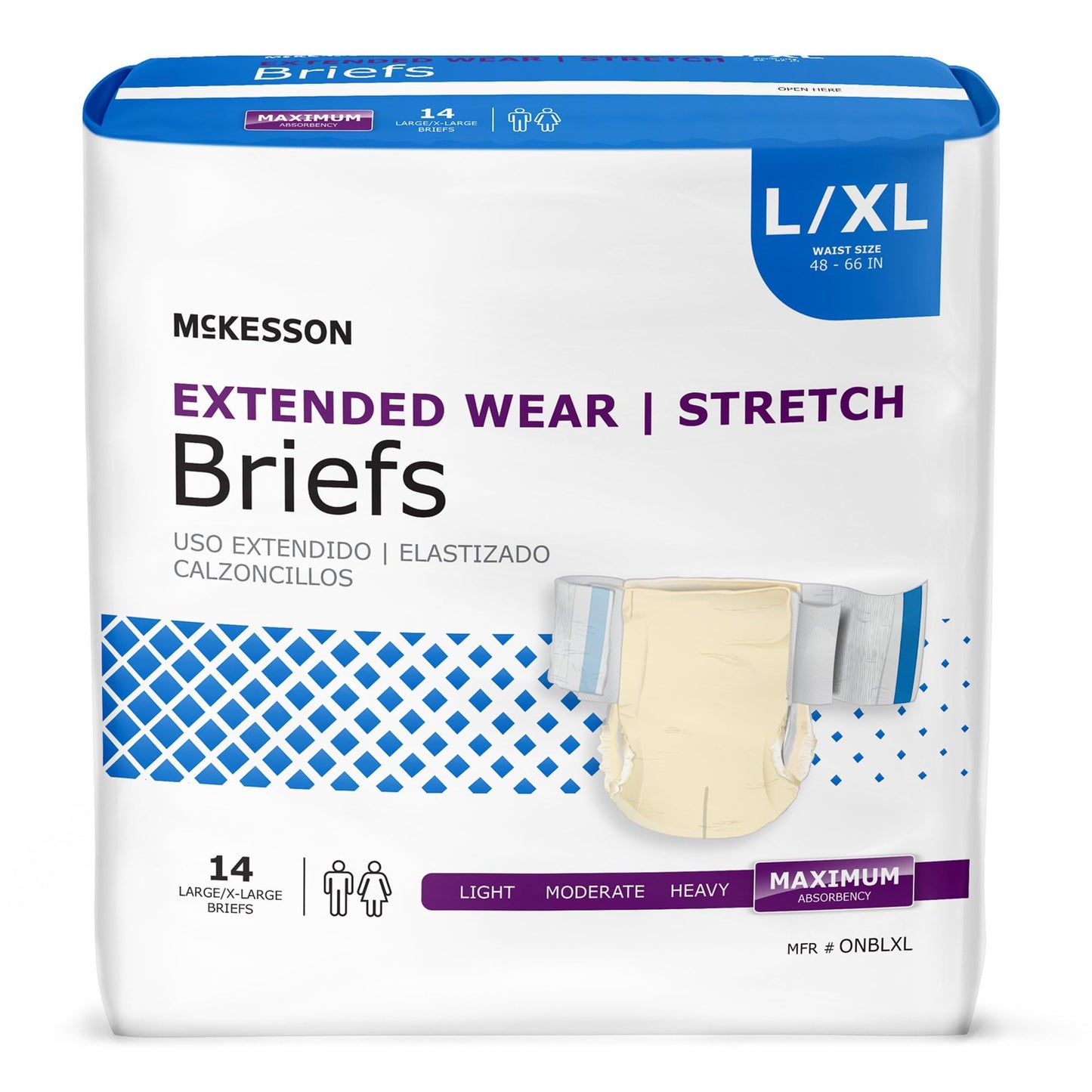 McKesson Extended Wear Stretch Briefs, 56 Count, Size L/XL (48–66 in) – Overnight Adult Diapers with Tabs, Maximum Absorbency, Unisex Disposable Incontinence Briefs for Men and Women