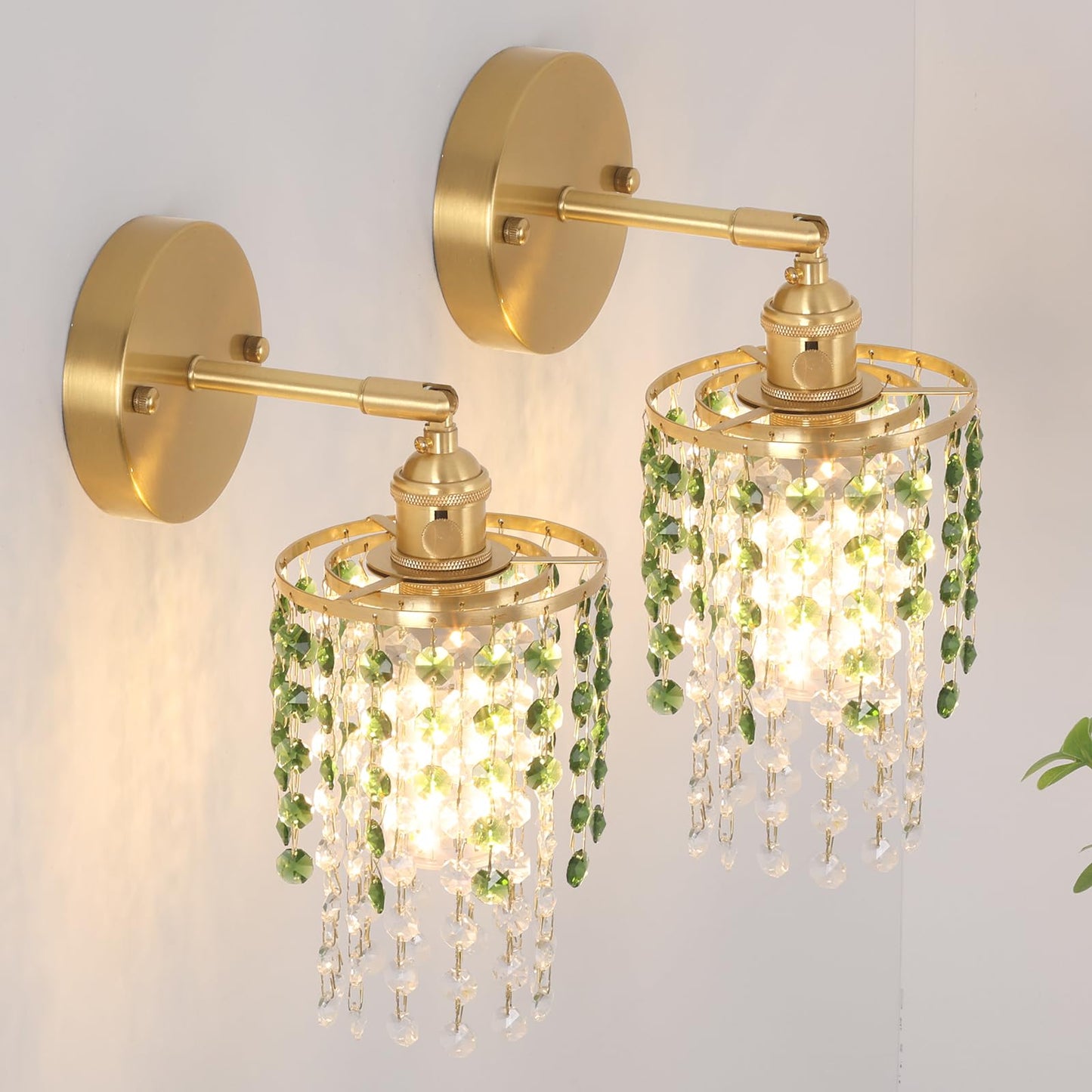 Shenmoyl Crystal Wall Sconce Set of 2, Rechargeable 5400mAh, Dimmable Wireless Lights, Green-Gold Base, Model 1-73136-wlamp