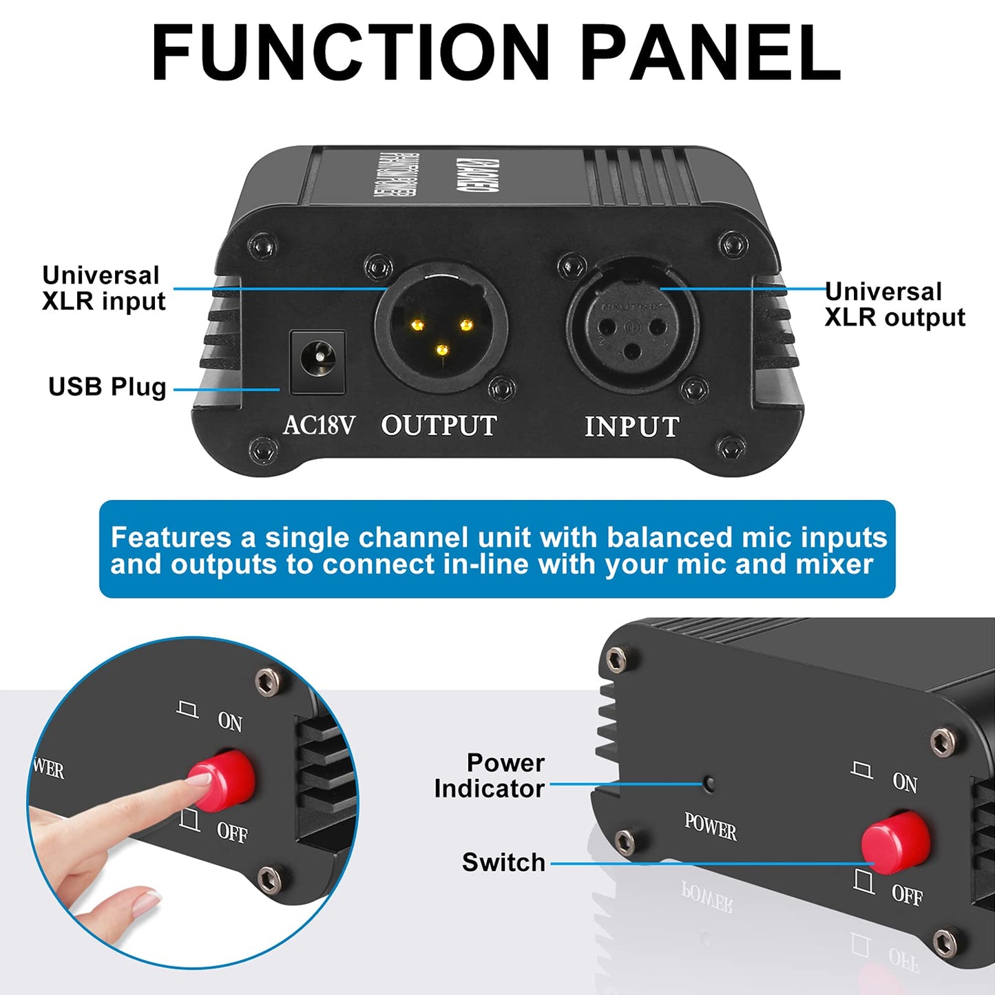 Aokeo 1-Channel 48V Phantom Power Supply with Adapter, Bonus+XLR 3 Pin Microphone Cable for Any Condenser Microphone Music Recording Equipment