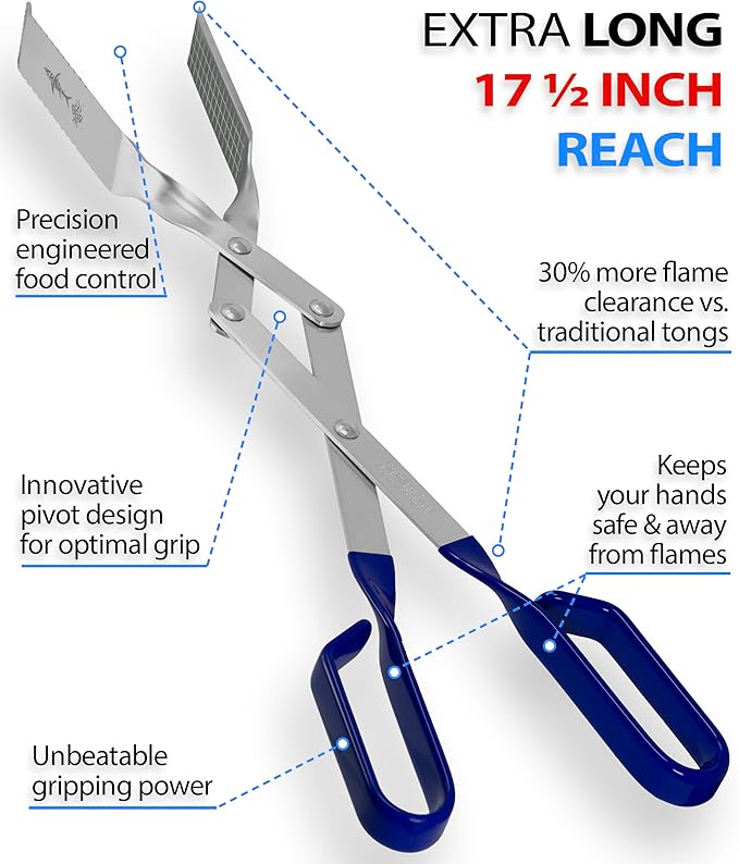 Shark BBQ Grill Tongs for Steaks - 2-Pack 17" & 13" Professional Kitchen and Outdoor Grilling Utensil Set (Blue)