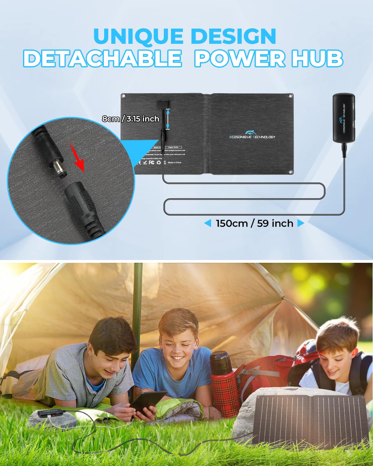 Ecosonique 10W/15W/30W/60W Portable Solar Panel Charger, Ip67 Waterproof Etfe Usb Solar Phone Charger With Detachable Power Hub,