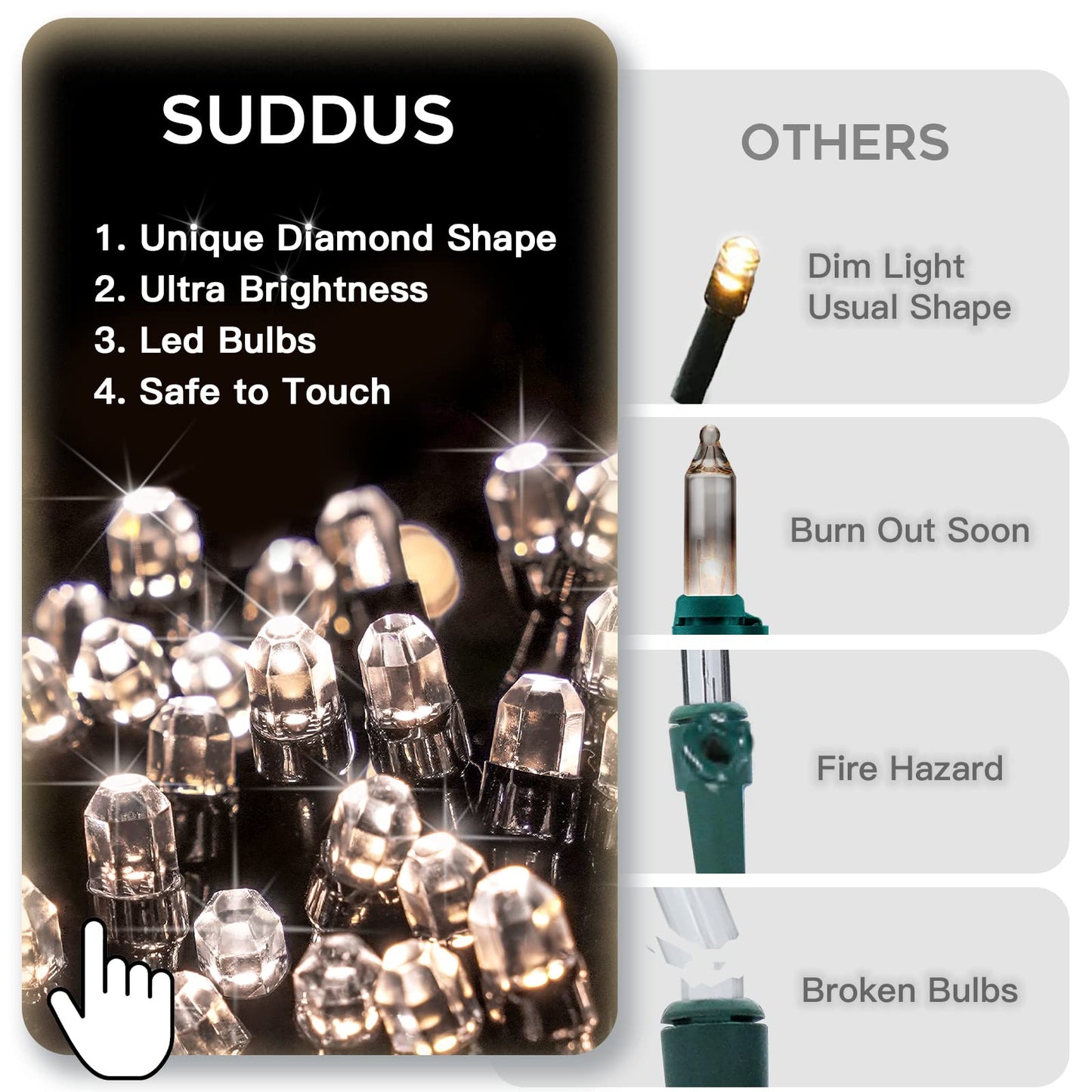 suddus 300 LED Christmas String Lights - Warm White, 99ft Connectable, Indoor/Outdoor, Model SDWW-300DM