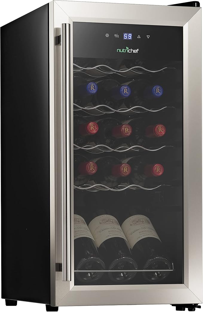 Nutrichef 15 Bottle Wine Fridge Red and White Wine Chiller Adjustable Temp Control 41°F to 64°F Ultra Quiet Operation Mini Wine Cooler Built for Home, Office, Kitchen Counter, 27x13x17 IN
