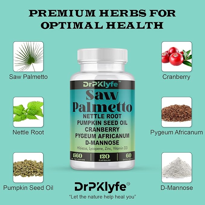 Saw Palmetto Capsules for Prostate, Bladder & Hair Health – Includes Nettle Root, Pumpkin Seed, Cranberry, D-Mannose, Pygeum, Hibiscus – 120 Capsules (60-Day Supply)