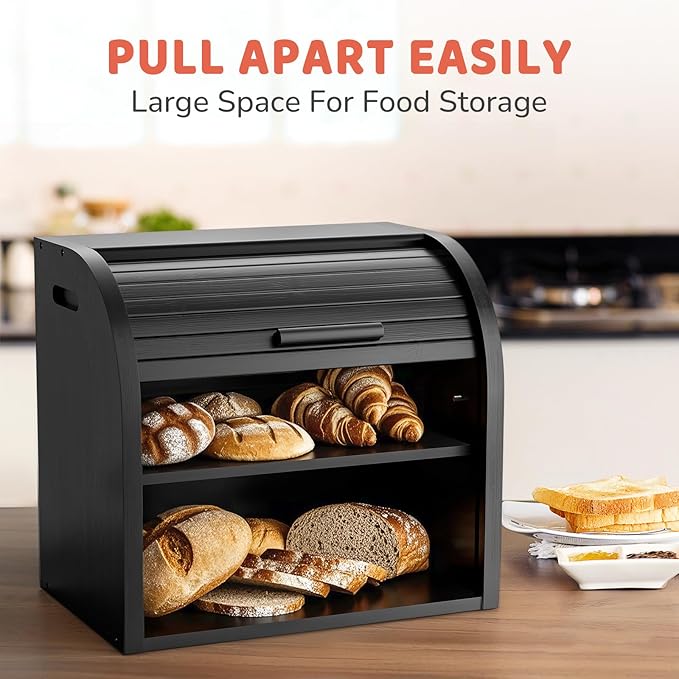 G.a HOMEFAVOR Bread Box: Large 2-Tier Bamboo Roll Top Bread Storage Container for Kitchen Counter, Bread Holder Food Bin for Countertop, Self-Assembly, Black