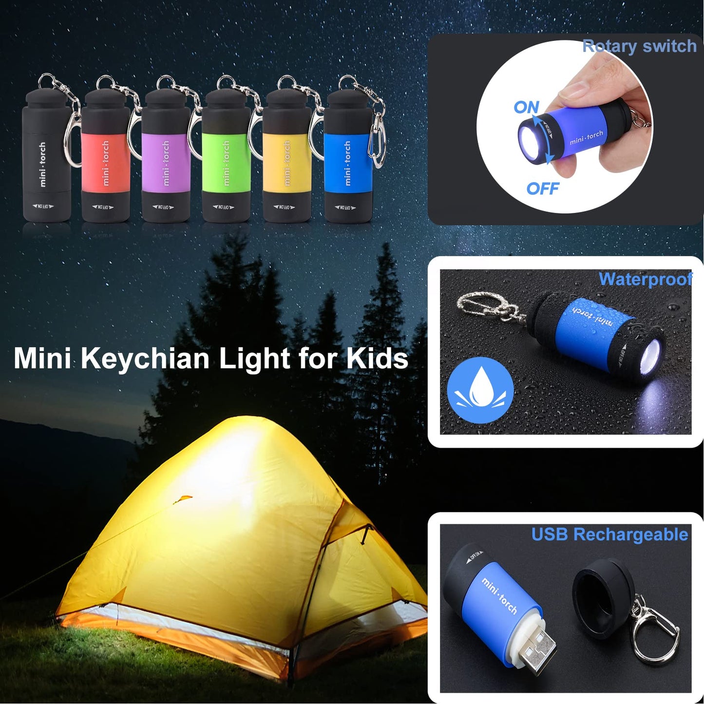 Cussity Mini Keychain Flashlights Usb Rechargeable  Colorful Small Led Flashlight Torches For Kids/mature-themed Hiking Camping  Waterproof Pocket Flashlights For Backpack/Belt  (3Packs)