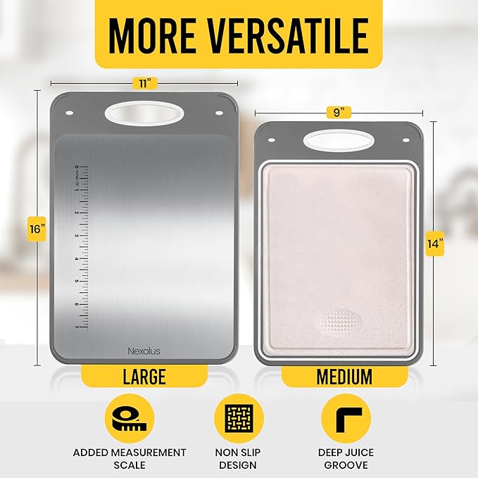 2 Pack Titanium Cutting Board Set, Large Double Sided - 16x11" + 14x9" - Stainless Steel Cutting Board for kitchen with Deep Juice Groove, Built-In Measurement Scale & Easy to Clean